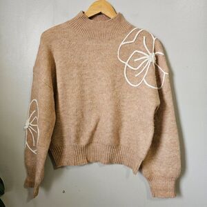 Gilli Tan Cowl Neck Sweater with White Floral Design